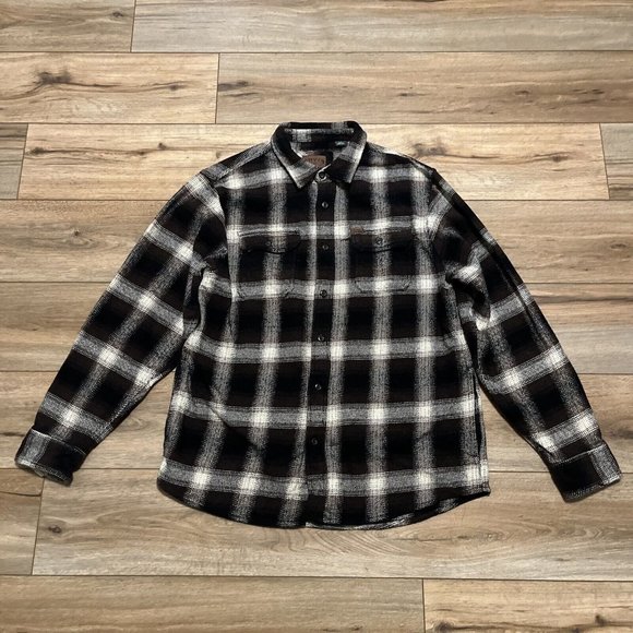 Men's Orvis Button Up Plaid Flannel Shirt LARGE Brown Black Pockets Shacket - Picture 1 of 12